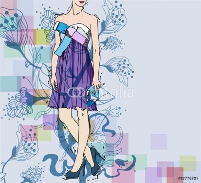 vector background with    a  girl dressed in a cocktail dress - 900511245