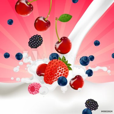Vector Berries falling into a Splash of Milk