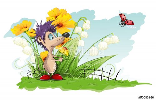 Vector card with flowers and little mouse - 901140418