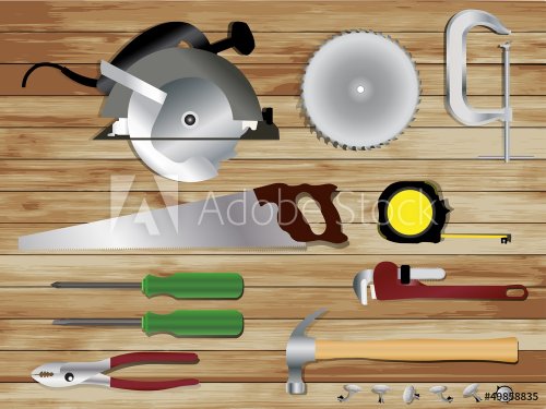 Vector Carpentry tools on wooden texture background