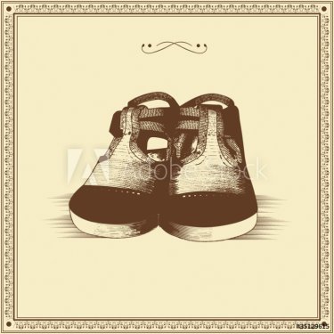 vector illustration of hand drawn baby shoes with vintage frame - 900564162