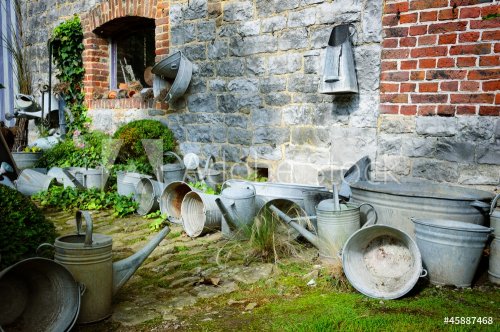 Vintage backyard with gardening tools