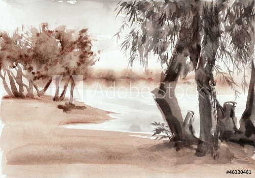 Watercolor riverscape - 900899447