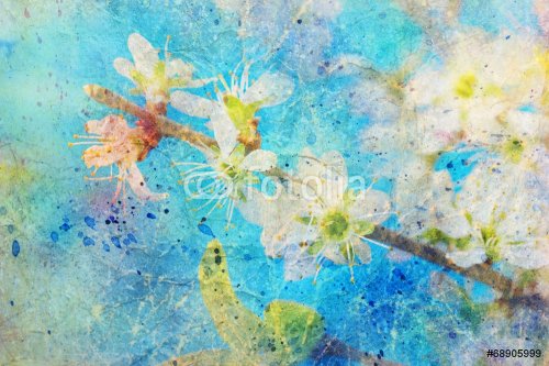 watercolor splashes and blooming spring twig with white flowers - 901143025