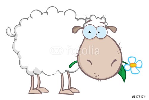 White Sheep Cartoon Character Eating A Flower - 900454243