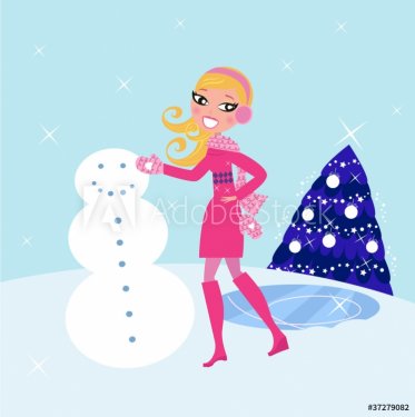 Woman building winter christmas snowman .Woman building winter c - 900706091