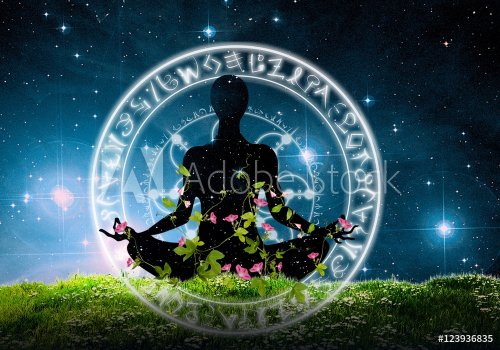 Yoga posture sitting on the grass with sky background and floral ellements - 901147895