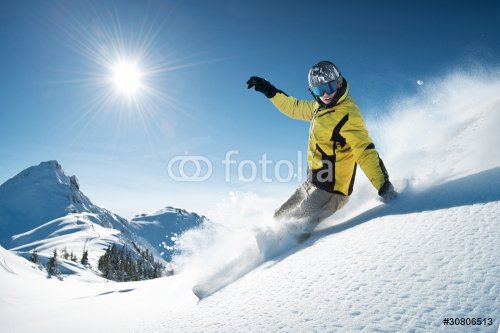 Young snowboarder in deep powder - extreme freeride - 900168468