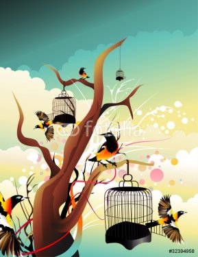birds flying away from their cages - 900485438