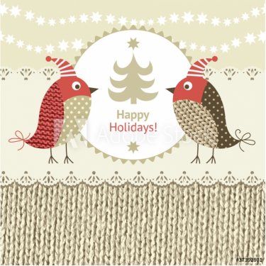 Christmas card, collage with knitted elements - 900882304