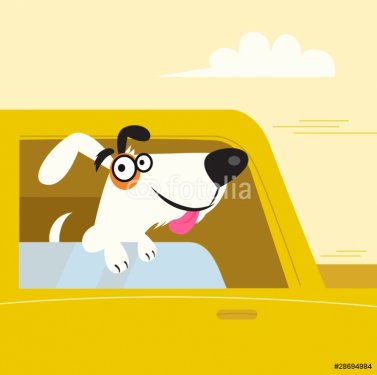 Happy black and white dog travelling in yellow car. VECTOR - 900706108