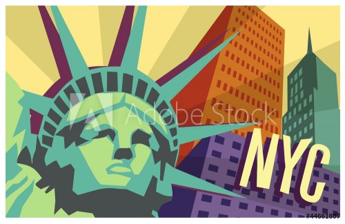 Illustration of New York City and Statue of Liberty - 901142740