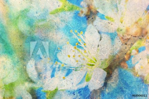 messy watercolor splashes and blooming spring twig - 901143020