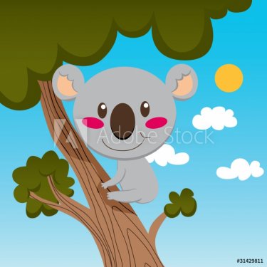 Little koala smiling on a high tree branch enjoying nature