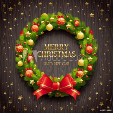 Vector Christmas wreath on a wooden background