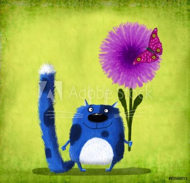 Blue Spotted Cat with Flower and Butterfly - 901151924