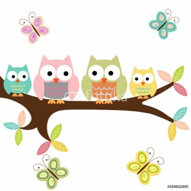 Four owls on a branch with butterflies - 901151747