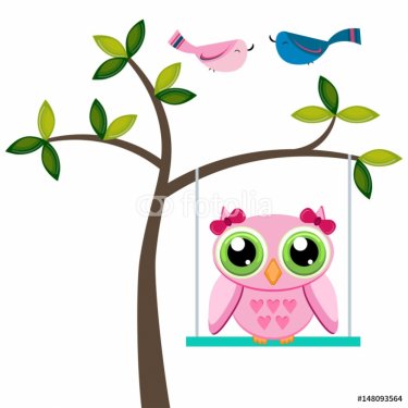 Owl on a tree swing with birds - 901151745
