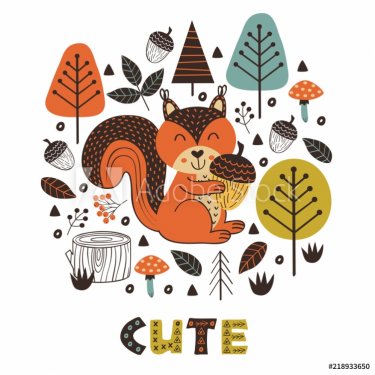 poster squirrel in forest Scandinavian style - vector illustration, eps  