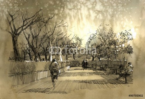 freehand sketch of city park walkway