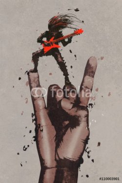 big hand in rock n roll sign with guitarist,illustration painting