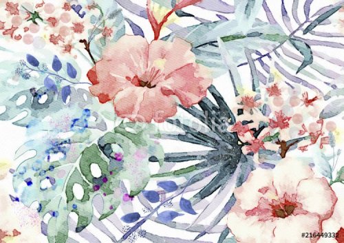 Exotic leaves and flowers watercolor bacground - 901152365