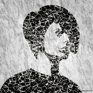 Face half turn view. Elegant silhouette of a female head. Short hair. Monochrome gamma. Grunge cracked texture avatar