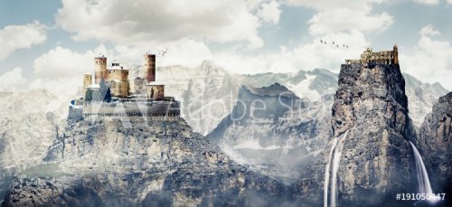 Fantasy photomanipulation of medieval landscape in winter with castle and ruins - 901153410