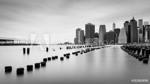 Manhattan skyline at cloudy day, black and white photo, New York, USA