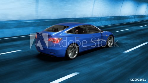 Modern Electric car rides through tunnel with cold blue light style 3d rendering - 901153309