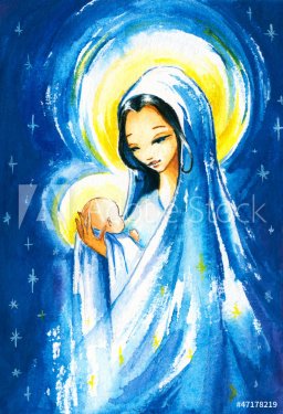 Nativity sceneMary with the young Jesus in her arms.Watercolors.