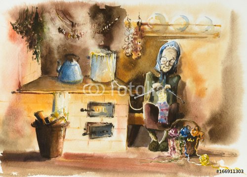 Senior woman knitting a scarf in old kitchen. Pictire created with watercolors. - 901153736
