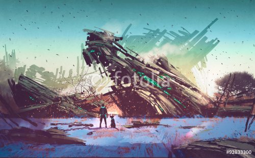 spaceship crashed on blue field,illustration painting - 901153936