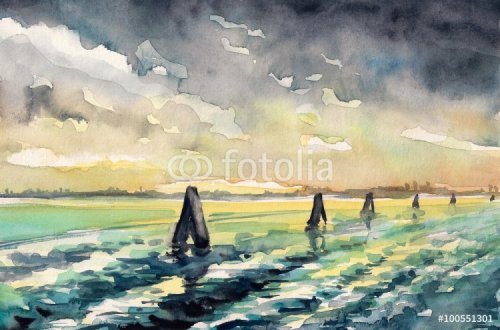 Venetian lagoon at sunset painted by watercolors on paper.