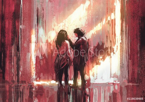 young couple in love outdoor,illustration,digital painting - 901153938