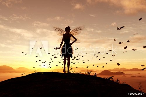 3d rendering of a fairy on a tree trunk on the sky of a sunset or sunrise sur... - 901154328
