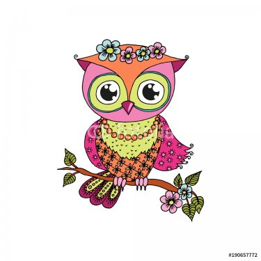 Cute cartoon owl sitting on tree branch - 901154404