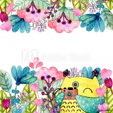 Watercolor funny illustration with owl and flowers.
