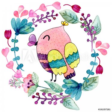 Watercolor funny illustration with owl and flowers. - 901154400