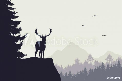 Deer with stags standing at the top of rock with mountains and forest in the background, with flying birds