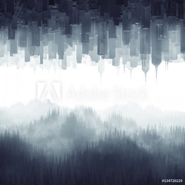 Forest city haze / 3D illustration of urban cityscape and tree covered hills coming together through mist