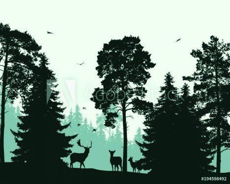 Landscape with green forest, deer and flying birds