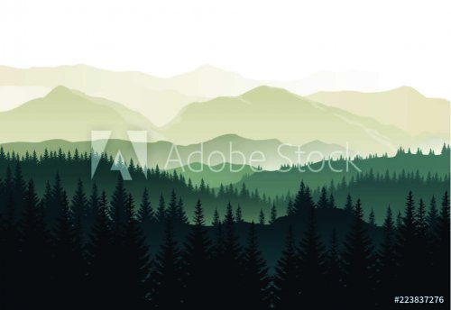 Vector beautiful morning landscape with misty green forests and mountains
