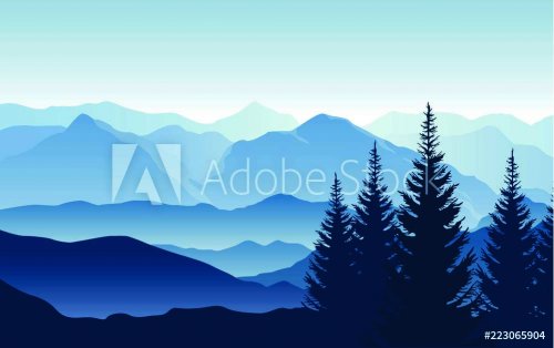 Vector blue landscape with silhouettes of misty mountains and hills and trees