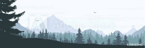 Vector illustration of a snowy winter mountain landscape with coniferous forest, valley and flying birds in a gray sky with clouds - widescreen