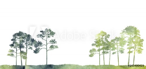 watercolor landscape with pine trees