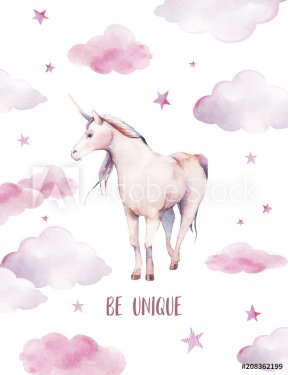 Be unique. Watercolor unicorn poster. Hand painted fairytale illustration wit... - 901154851
