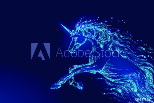 Blue glowing horse unicorn riding night sky star. Creative decoration magical... - 901154827