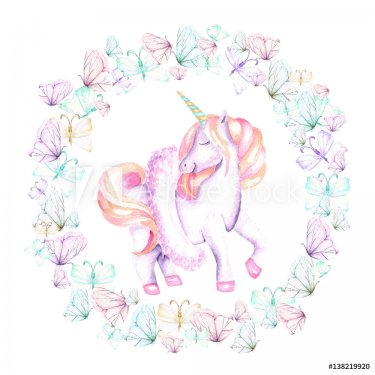 Circle frame, wreath with watercolor tender butterflies and pink unicorn, hand drawn on a white background