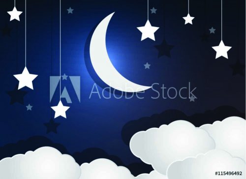Paper cloud crescent moon and stars in the night sky